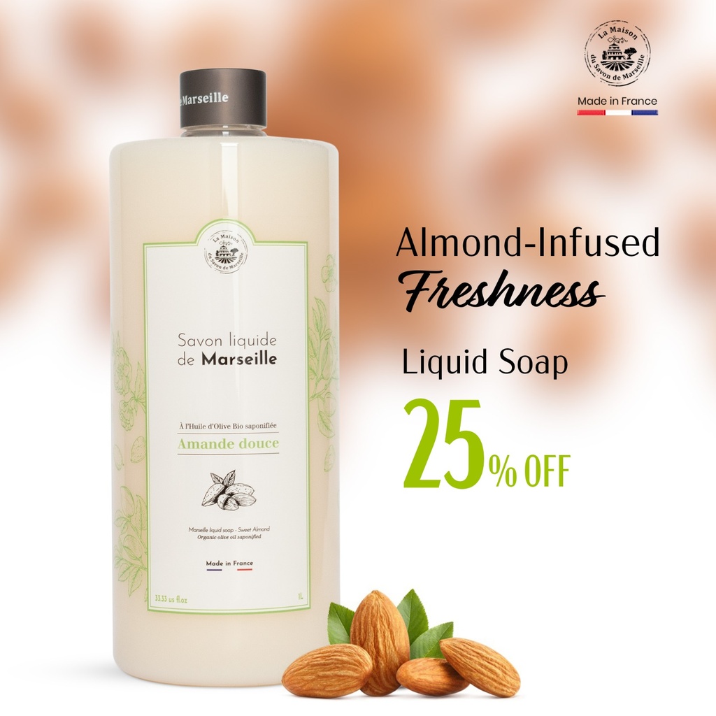 [M26020] 1l MARSEILLE LIQUID SOAP ALMOND DOUCE WITH PUMP
صابون سائل من مرسيليا 1 ليتر